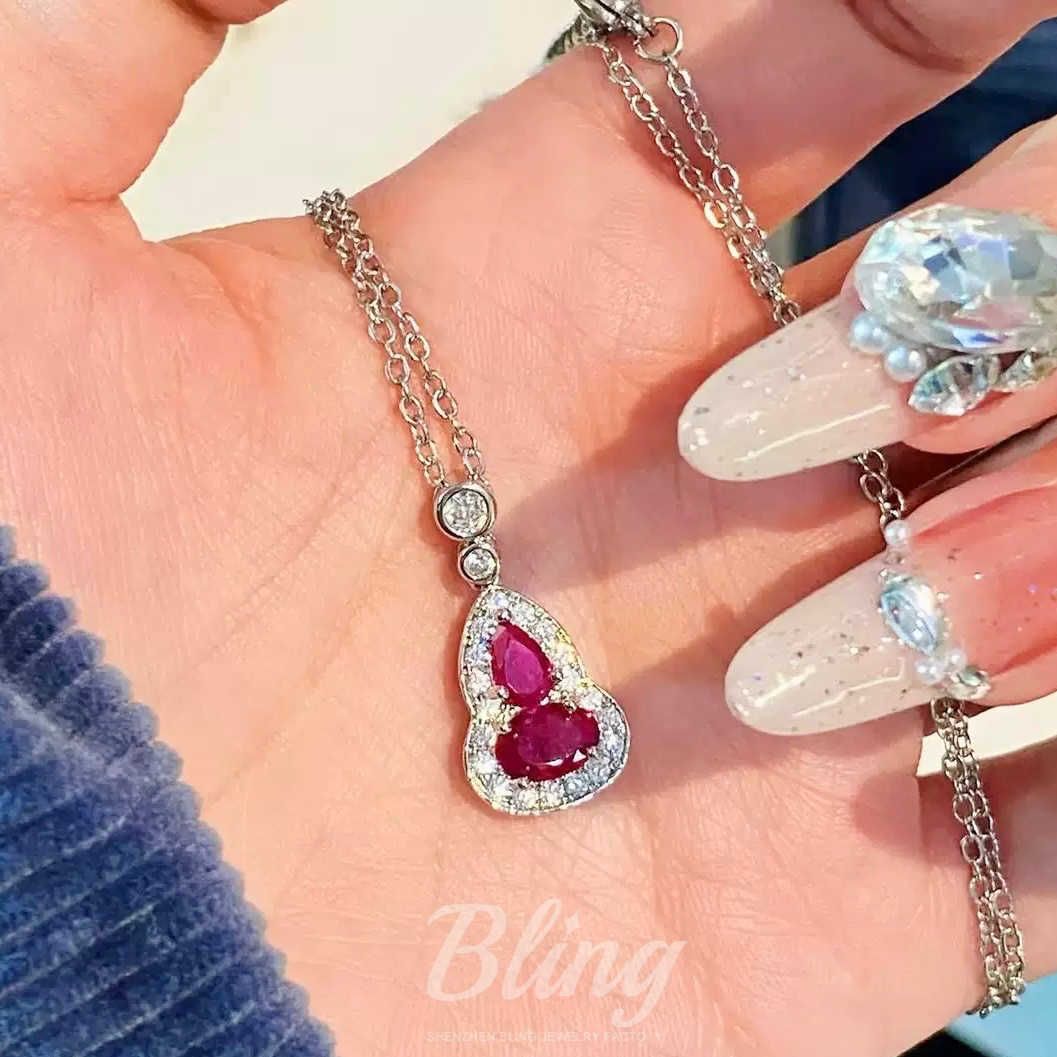 Pigeon Blood Red Small Gourd Fashion Jewelry 925 Sterling Silver Pendant Necklace for Women - Image 2